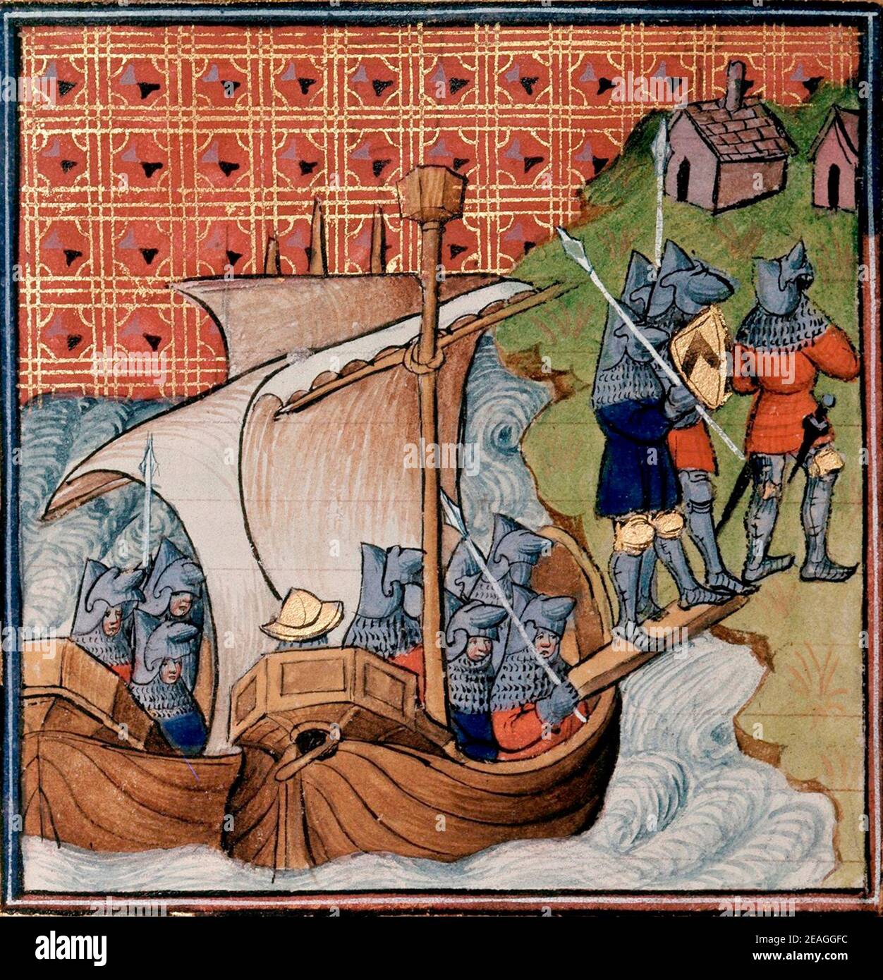 Des soldats anglais débarquant en Normandie, c. 1380–1400, pendant la guerre de cent ans Banque D'Images