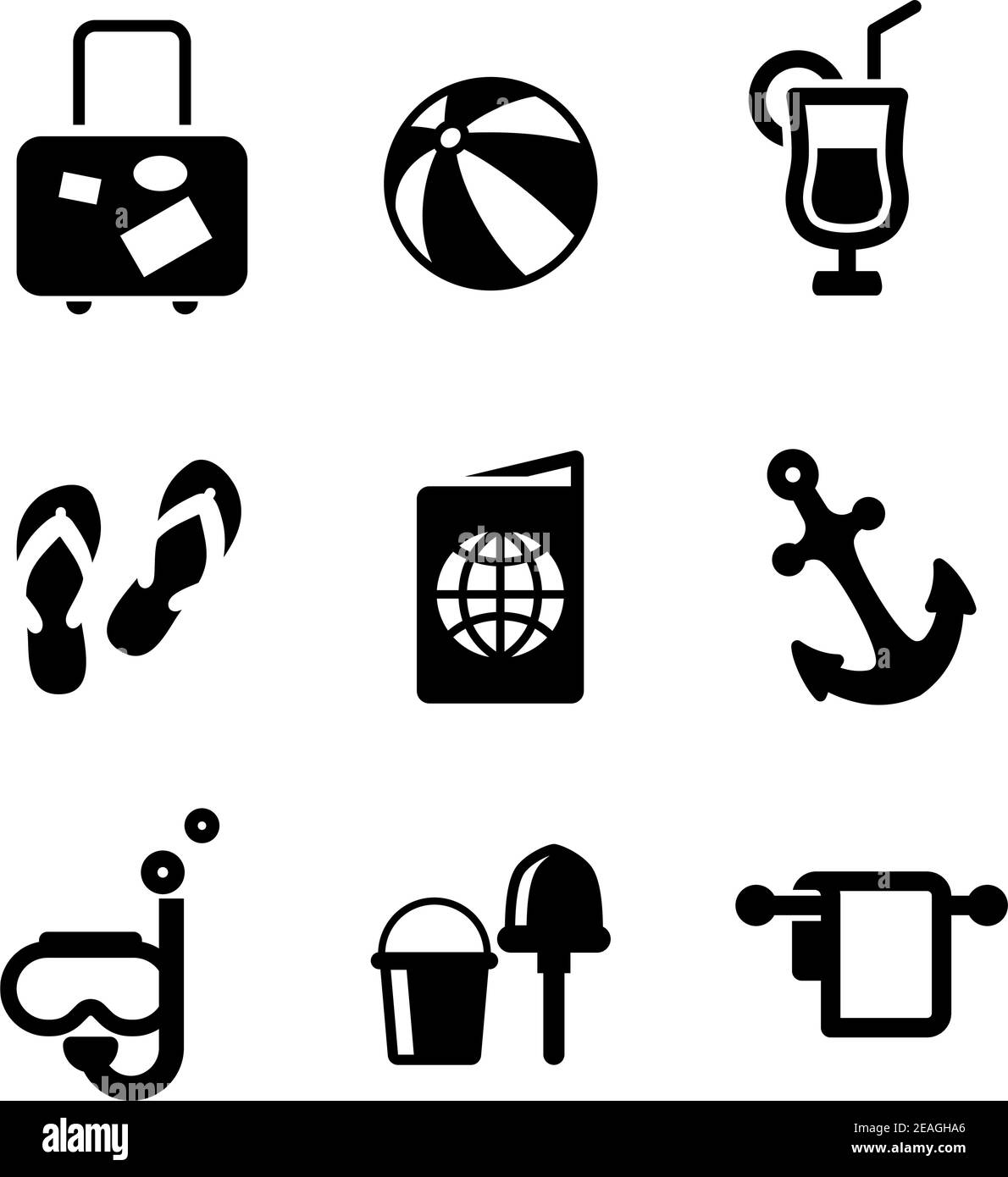 Ensemble de silhouette de vacances d'été et les icônes de voyage représentant les bagages, le ballon de plage, le cocktail, les strongs, le billet, le passeport, l'ancre, la plongée en apnée, le seau Illustration de Vecteur