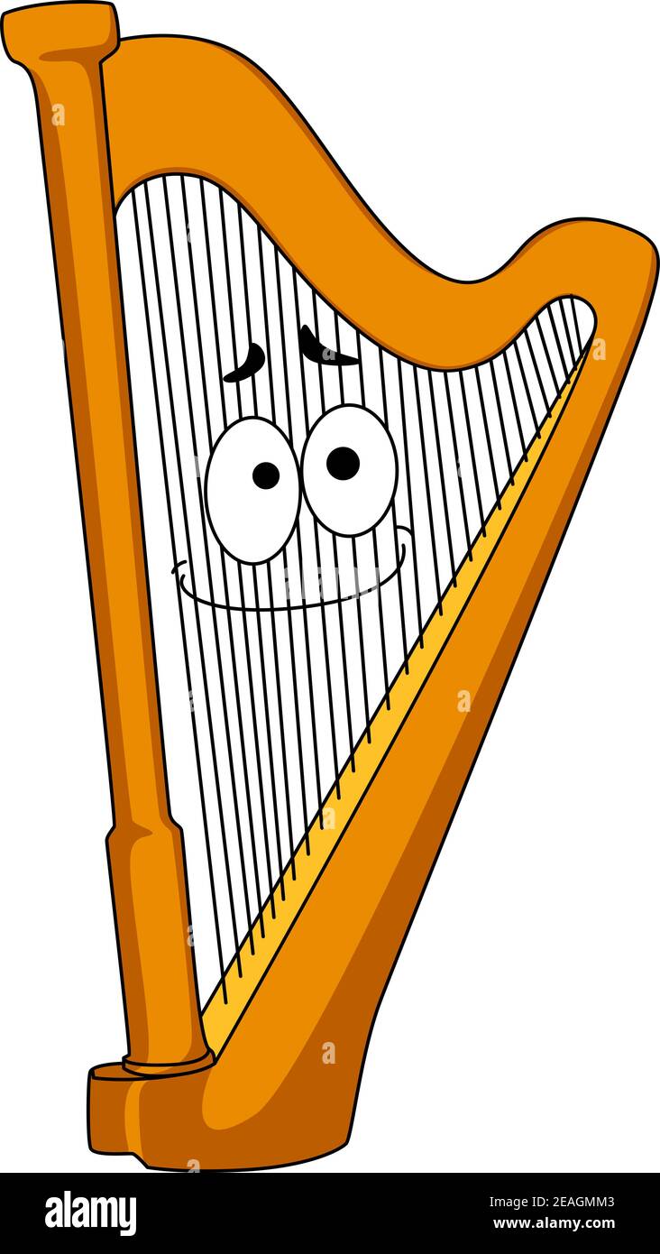 Harpe classique en bois avec un visage souriant sur les cordes, illustration de dessin animé isolée sur blanc Illustration de Vecteur