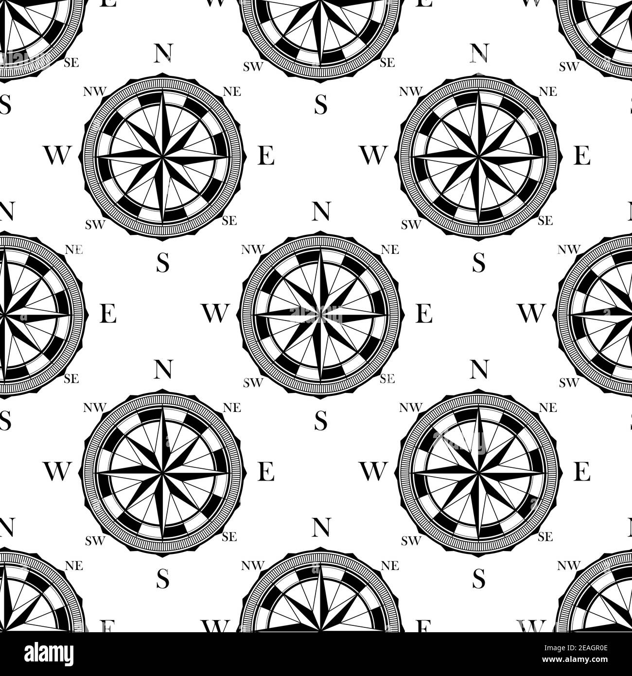 Motif noir et blanc sans couture de boussoles vintage portant la mention la boussole pointe au format carré adapté au textile ou fond d'écran Illustration de Vecteur
