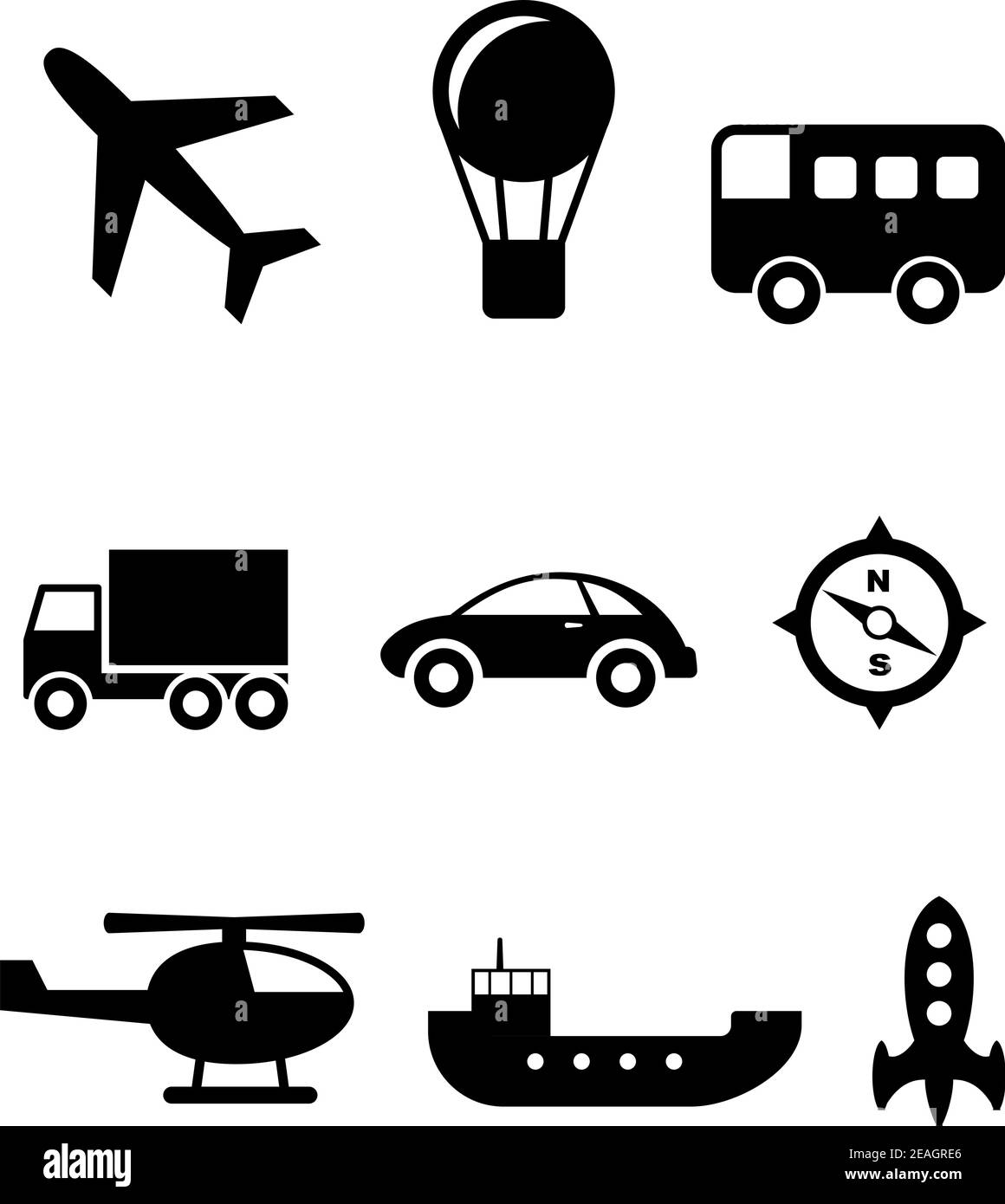Ensemble de neuf icônes de transport silhouette avec un avion, ballon à air chaud, bus, camion, voiture, boussole, hélicoptère, bateau et fusée Illustration de Vecteur