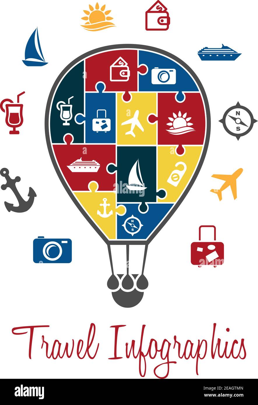 Des infographies de voyage avec une montgolfière et l'enveloppe décoré avec des icônes de voyage intégrées qui entourent également le ballon Illustration de Vecteur