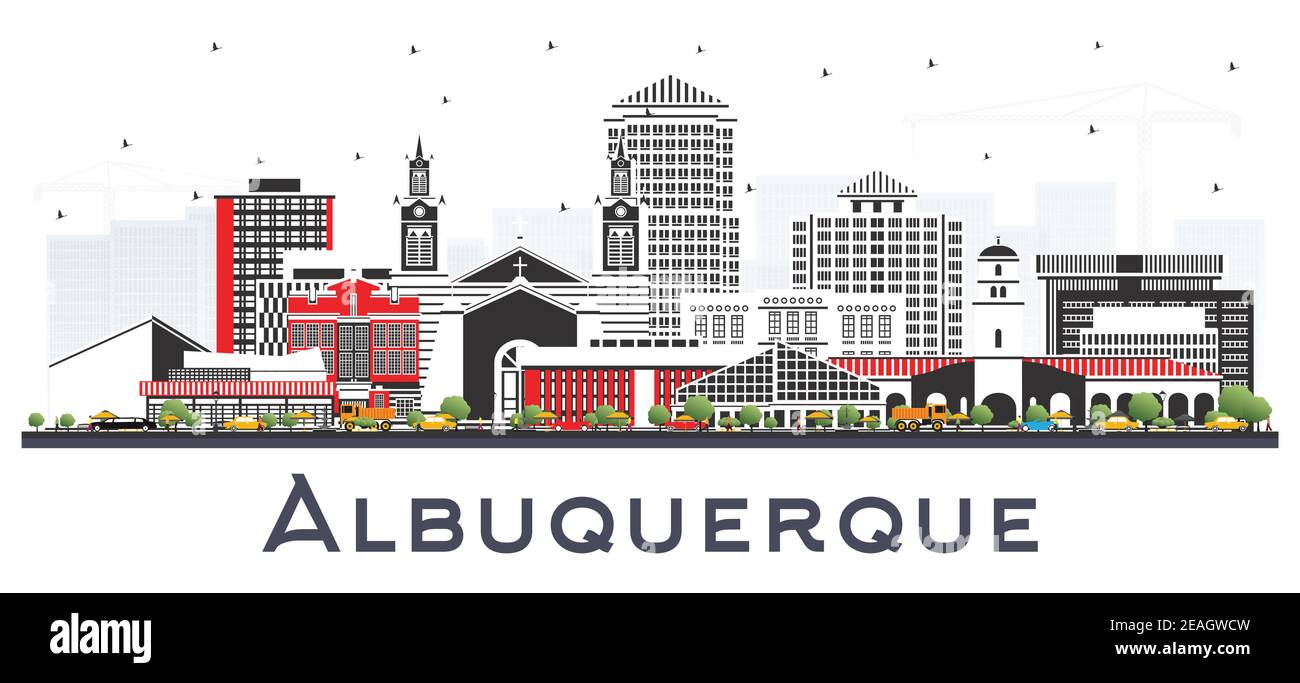 Albuquerque New Mexico Skyline avec des bâtiments couleur isolés sur blanc. Illustration vectorielle. Albuquerque USA Cityscape avec des sites touristiques. Illustration de Vecteur