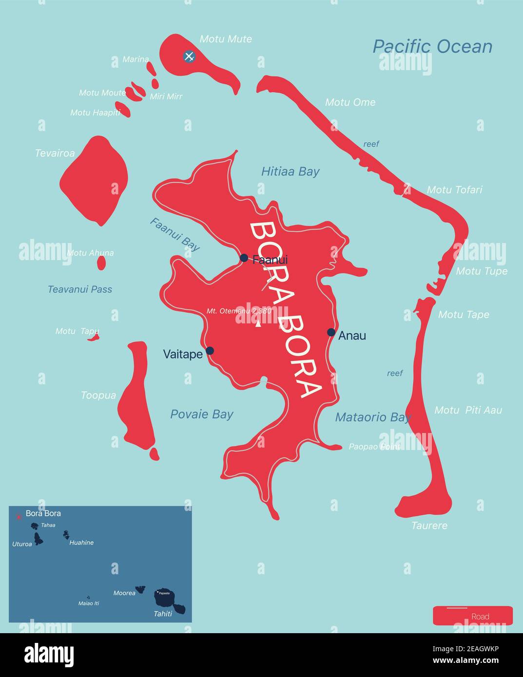Îles Bora Bora carte modifiable détaillée avec régions villes, routes et chemins de fer, sites géographiques. Fichier vectoriel EPS-10 Illustration de Vecteur
