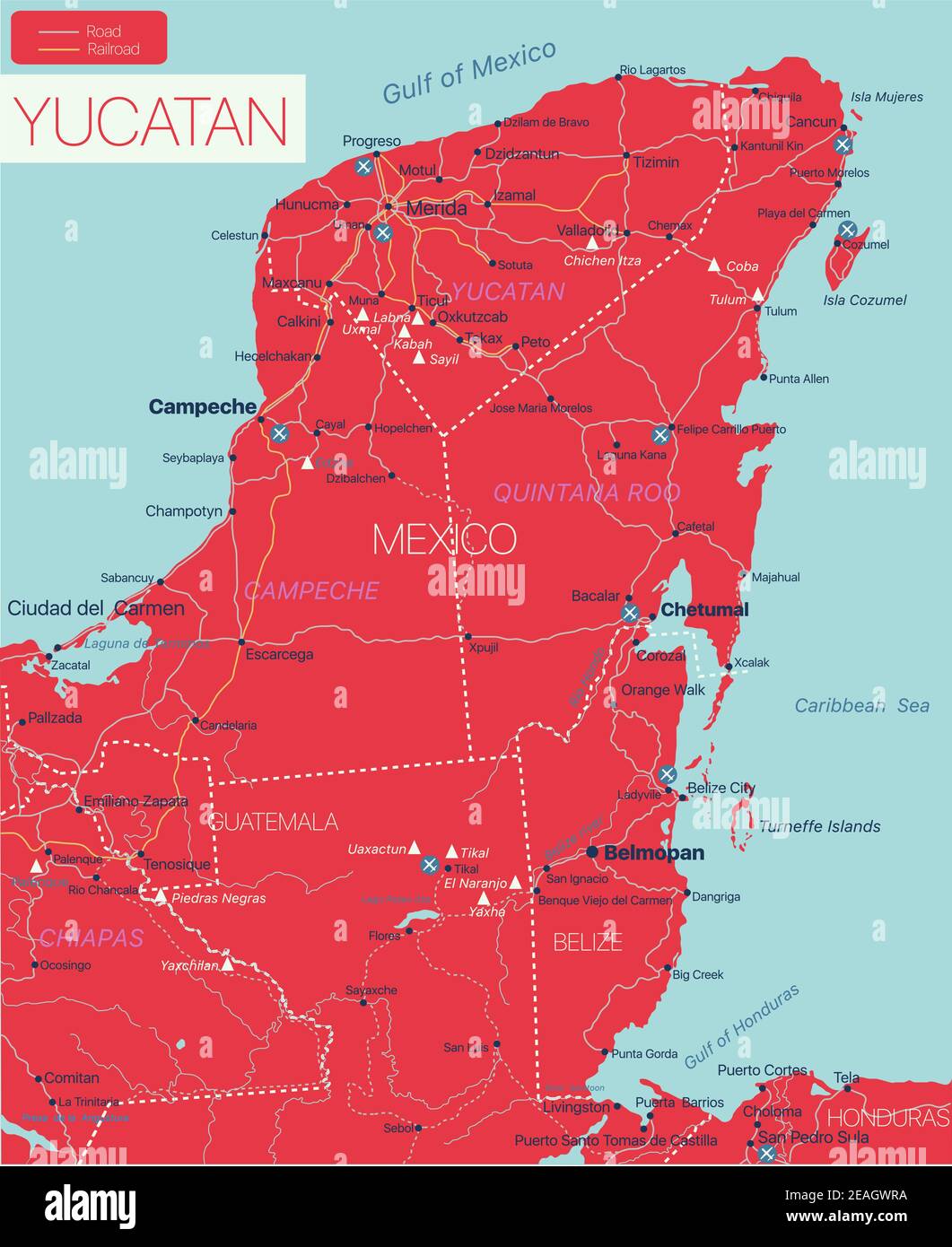 Péninsule de Yukatan carte détaillée modifiable avec régions villes, routes et chemins de fer, sites géographiques. Fichier vectoriel EPS-10 Illustration de Vecteur