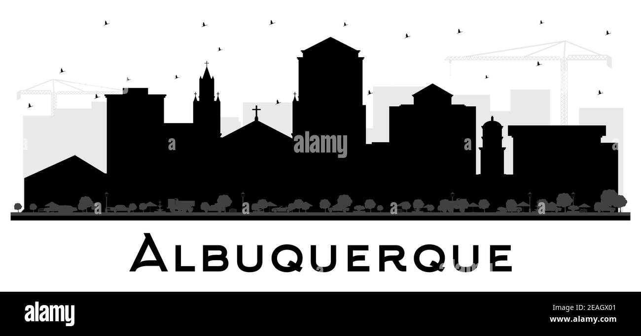 Albuquerque Nouvelle ville de Mexico silhouette avec bâtiments noirs isolés sur blanc. Illustration vectorielle. Albuquerque USA Cityscape avec des sites touristiques. Illustration de Vecteur