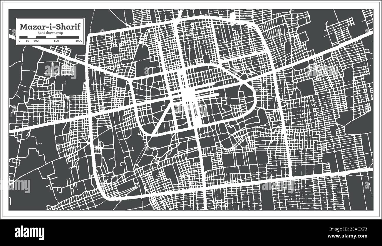 Mazar-i-Sharif carte de la ville d'Afghanistan en noir et blanc couleur rétro. Carte de contour. Illustration vectorielle. Illustration de Vecteur