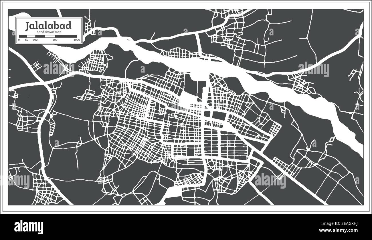 Jalalalabad Afghanistan carte de la ville en noir et blanc couleur rétro. Carte de contour. Illustration vectorielle. Illustration de Vecteur