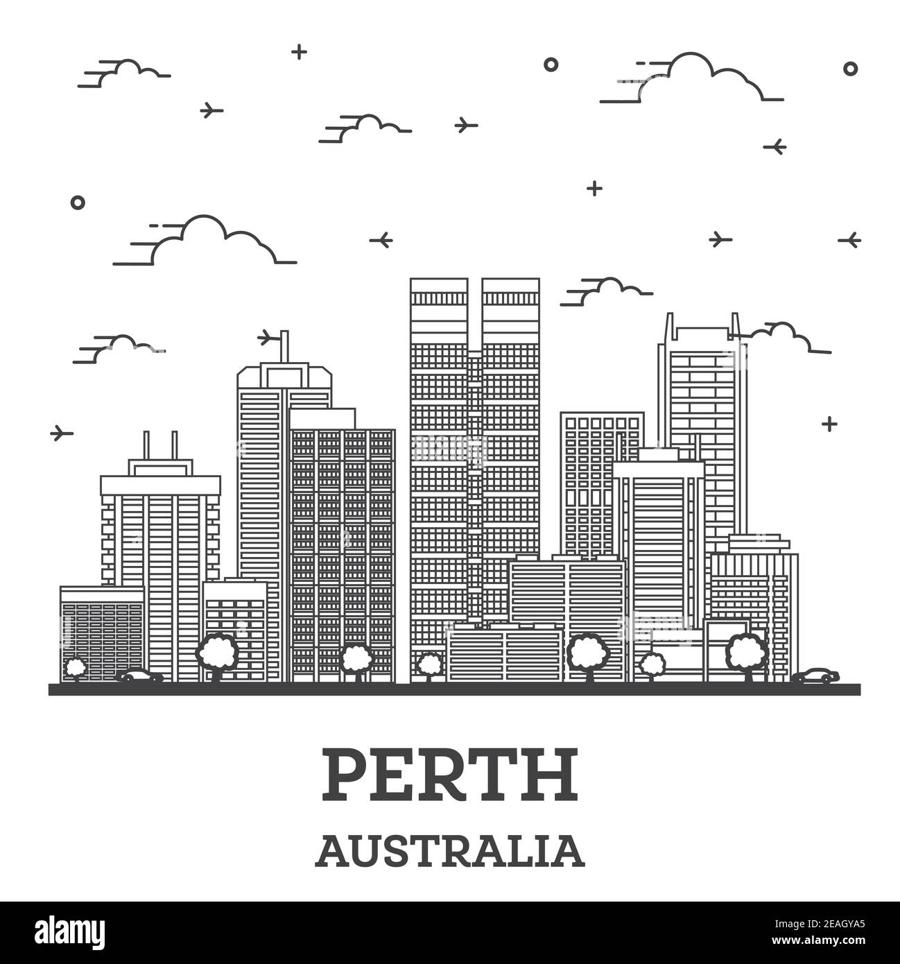 Aperçu Perth Australie City Skyline avec bâtiments modernes isolés sur blanc. Illustration vectorielle. Perth Cityscape avec sites touristiques. Illustration de Vecteur