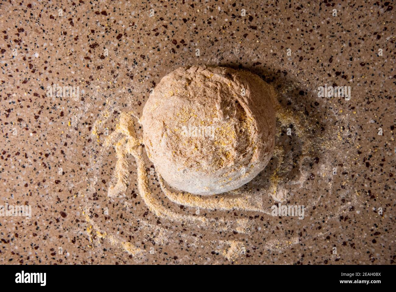 Une boule de pâte à pain est saupoudrée de semoule de maïs avant la cuisson. Série étape par étape pour faire du pain maison. Cadre 8 de 13 Banque D'Images