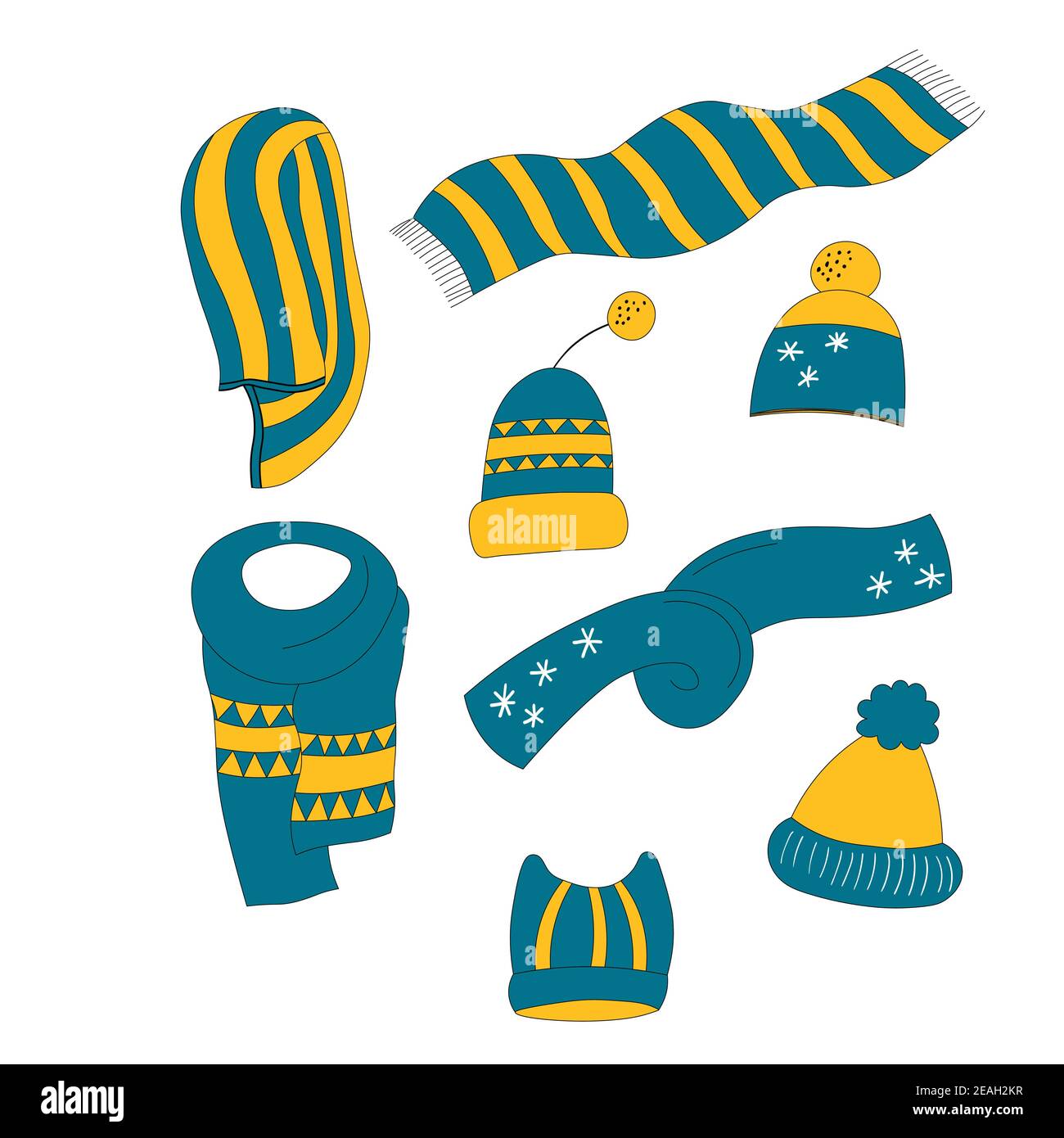 Ensemble avec accessoires d'hiver : chapeaux et foulards. Jolie collection  de vêtements en maille style dessin animé pour l'hiver. Illustration  vectorielle de Noël Image Vectorielle Stock - Alamy