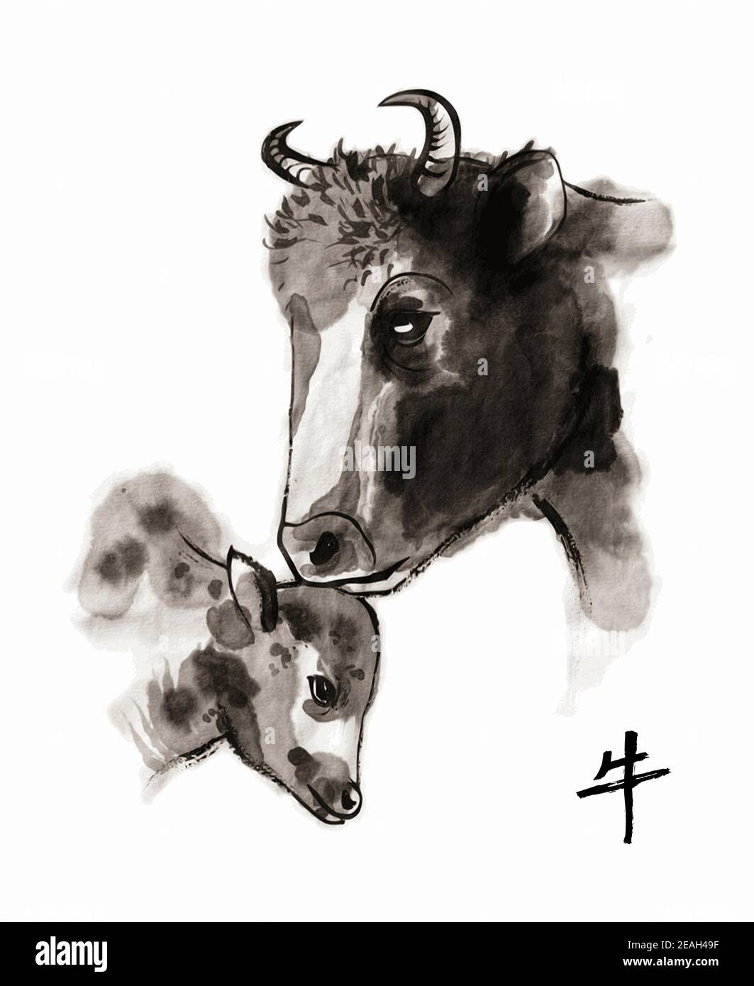 Portrait de vache et de veau, illustration vectorielle sumi-e. Peinture à l'encre orientale . Symbole de la nouvelle année orientale de l'Ox. Illustration de Vecteur