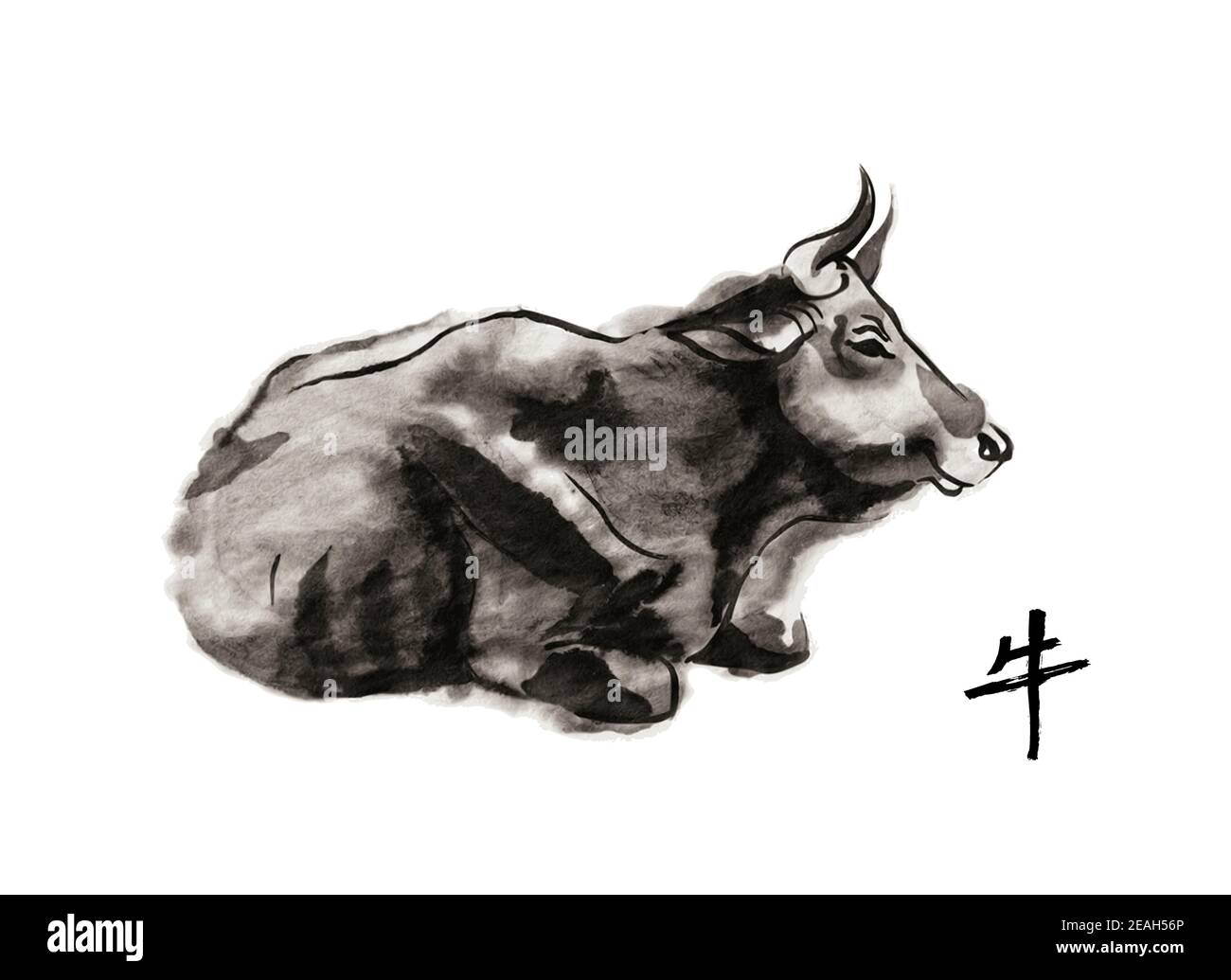 Vache au repos, illustration vectorielle sumi-e. Peinture à l'encre orientale . Symbole de la nouvelle année orientale de l'Ox. Illustration de Vecteur