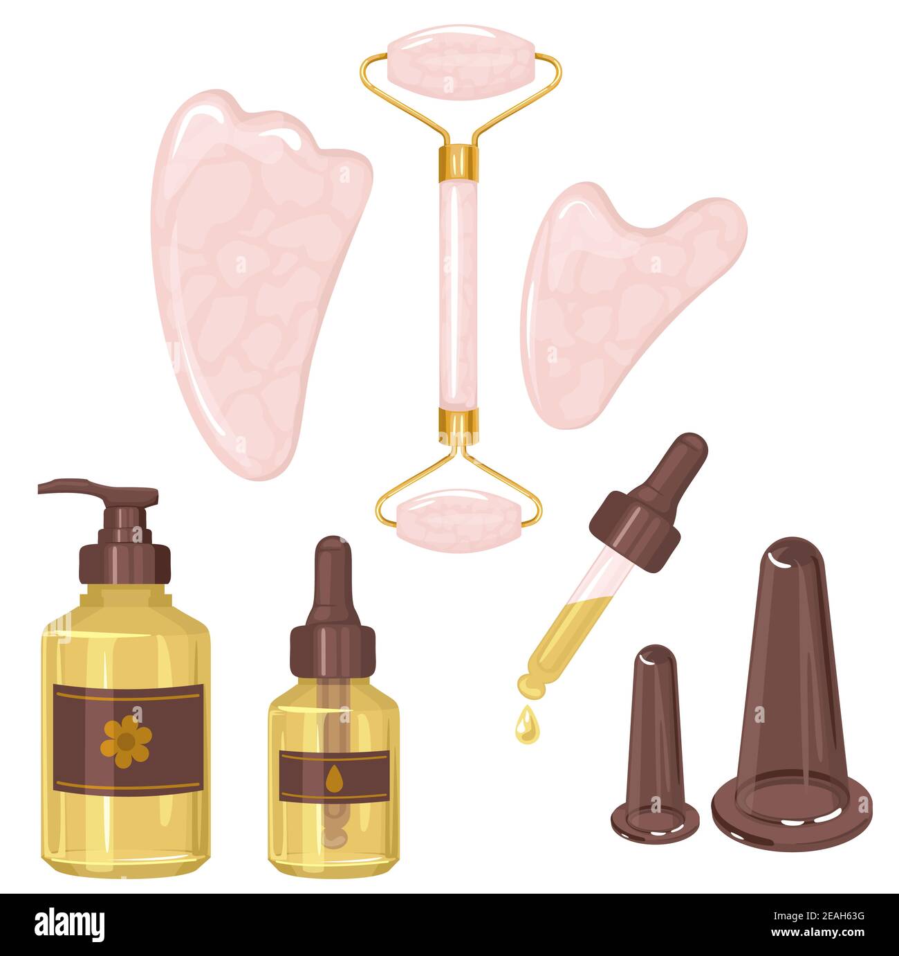 Mettez des outils pour le massage de la gouache, des canettes d'aspiration et de l'huile pour l'auto-massage. Illustration de couleur vectorielle, dessinée à la main. Vector Illustration de Vecteur