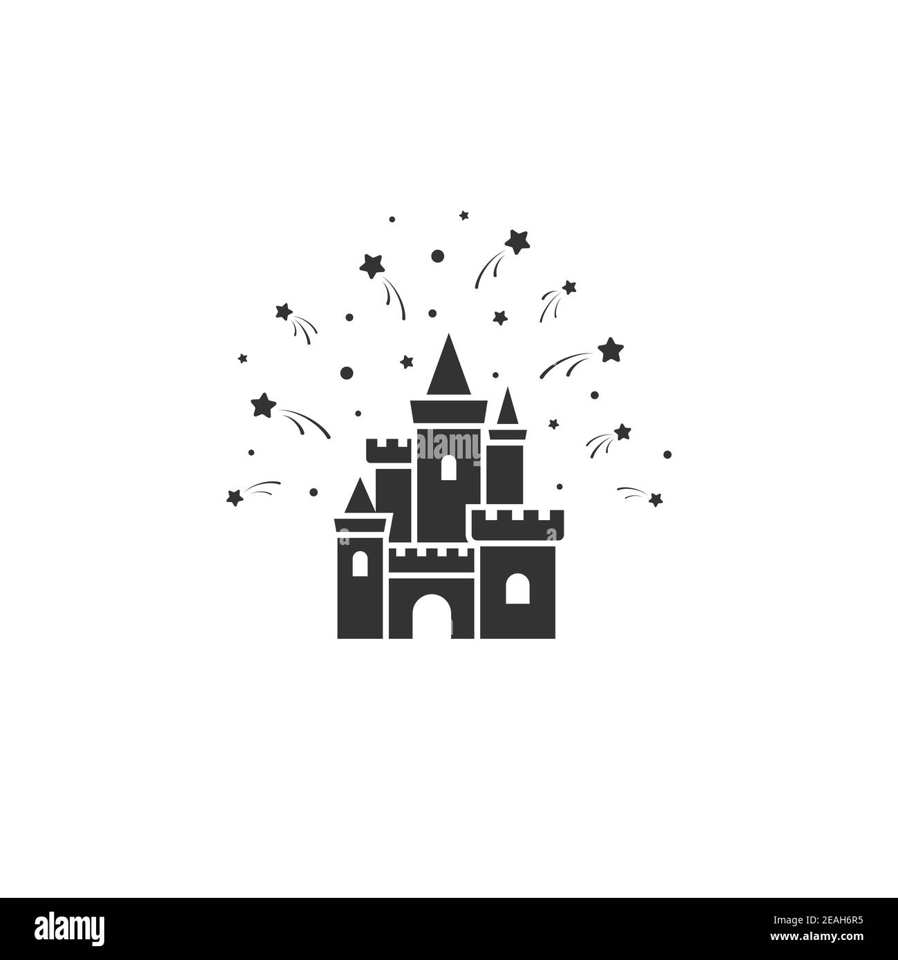 Château avec étoiles ou icône feux d'artifice. Tour, forteresse. Conte de fées, magie, logo fantaisie. Vacances. Illustrarion vectoriel isolé sur blanc Illustration de Vecteur