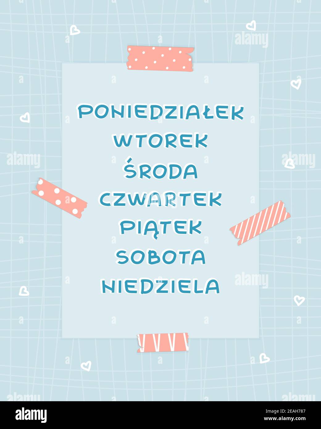 Bleu isolé ensemble de semaine jours du lundi au dimanche en langue polonaise, ombre blanche. Arrière-plan à motifs avec bande rose et papier avec l Illustration de Vecteur