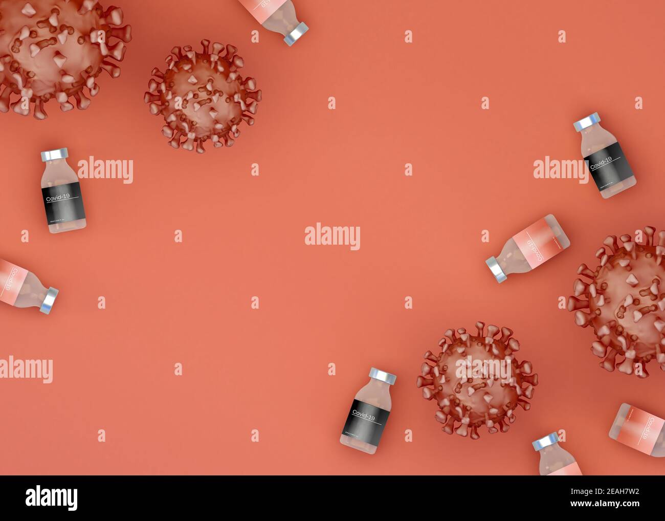Illustration 3D. Cellule du virus Covid-19 avec vaccins. Banque D'Images