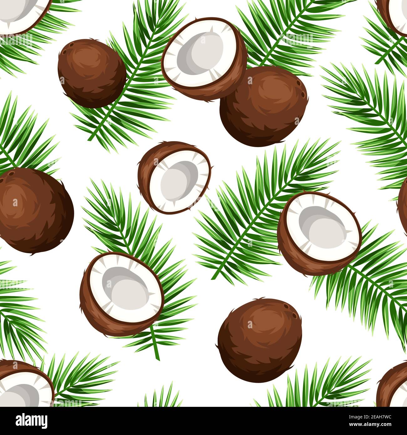 Motif vectoriel sans couture avec noix de coco et feuilles de noix de coco sur fond blanc. Illustration de Vecteur