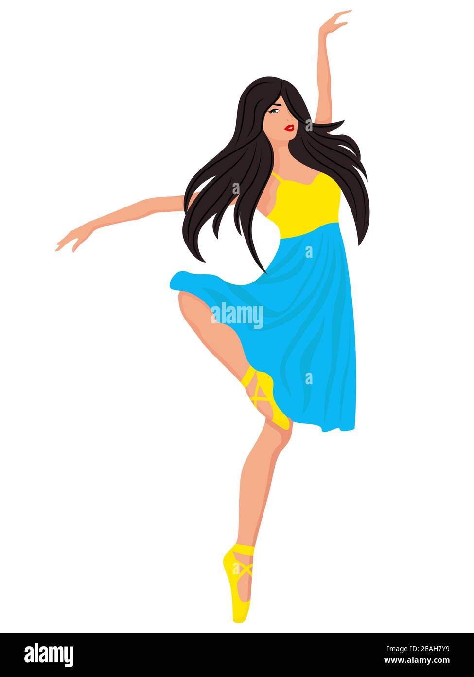 Belle ballerine en robe jaune et bleue, dessin à la main vecteur, isolé sur le fond blanc Illustration de Vecteur
