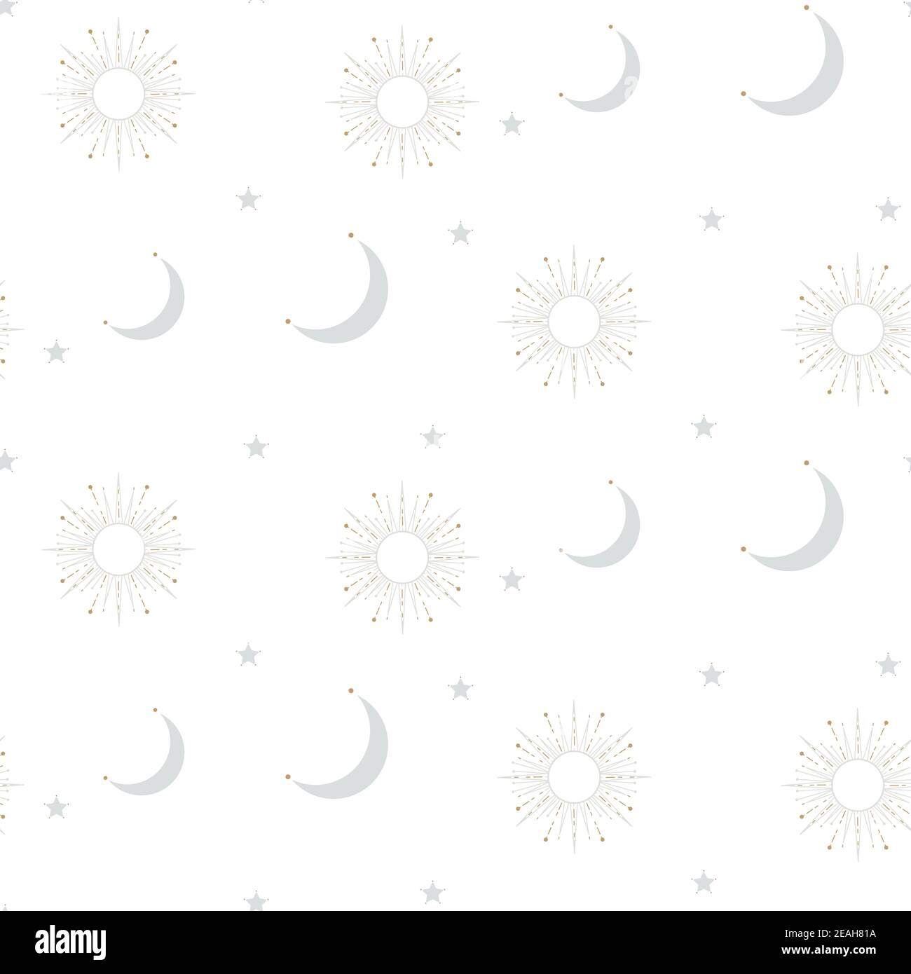 Le soleil céleste et la lune façonnent un motif sans couture. Arrière-plan pour le papier d'emballage, le textile, l'emballage et la conception d'impression. Illustration de Vecteur