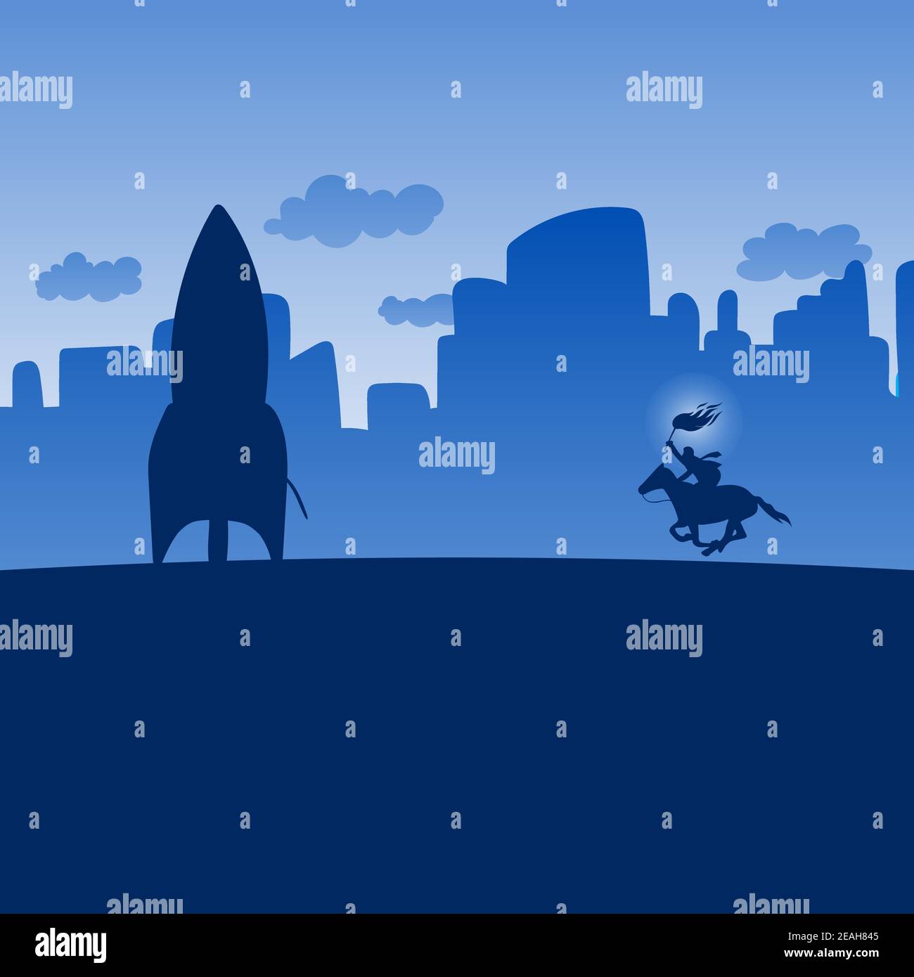 homme d'affaires à cheval avec torche incendie pour éclairer la fusée dans bleu ombre paysage urbain vecteur d'illustration de fond. Concept de démarrage d'entreprise. Illustration de Vecteur