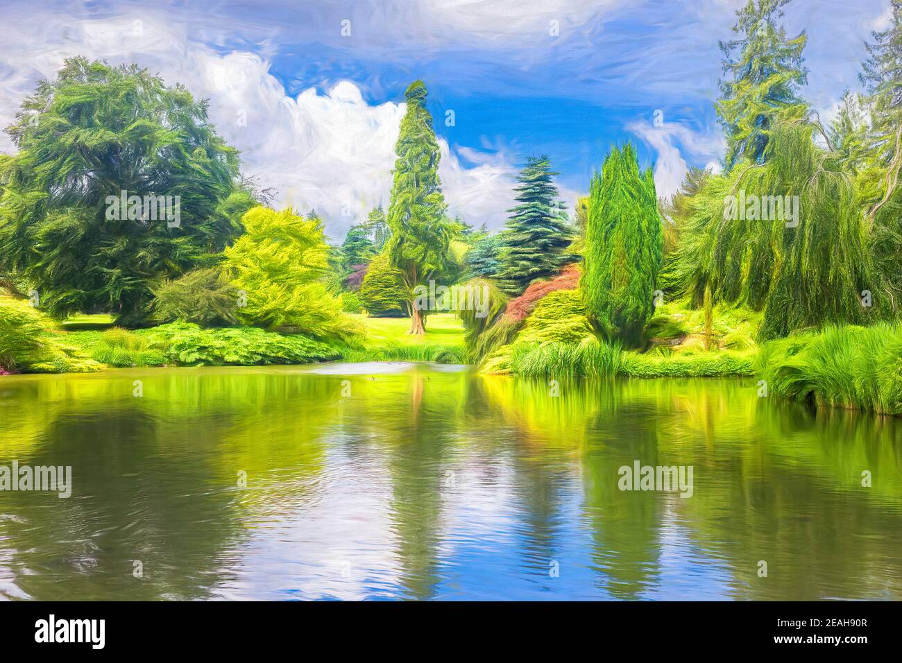 Peinture numérique d'un jardin, montrant des arbres et des buissons reflétés dans un lac. Banque D'Images