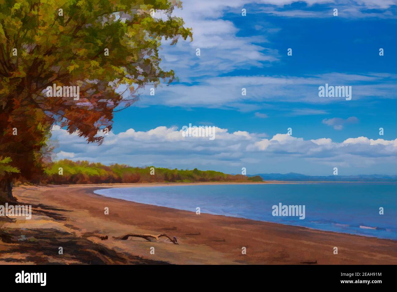 Peinture numérique d'une plage déserte de Lomolomo, sous un ciel bleu avec des nuages, Fidji. Banque D'Images