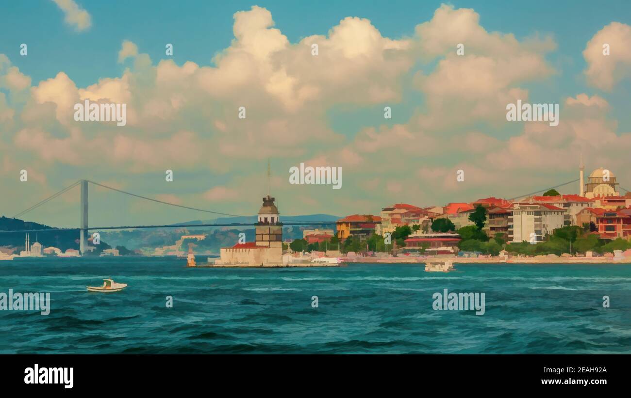 Peinture numérique de l'entrée du Bosporus avec la Tour de la Maiden au premier plan. Banque D'Images