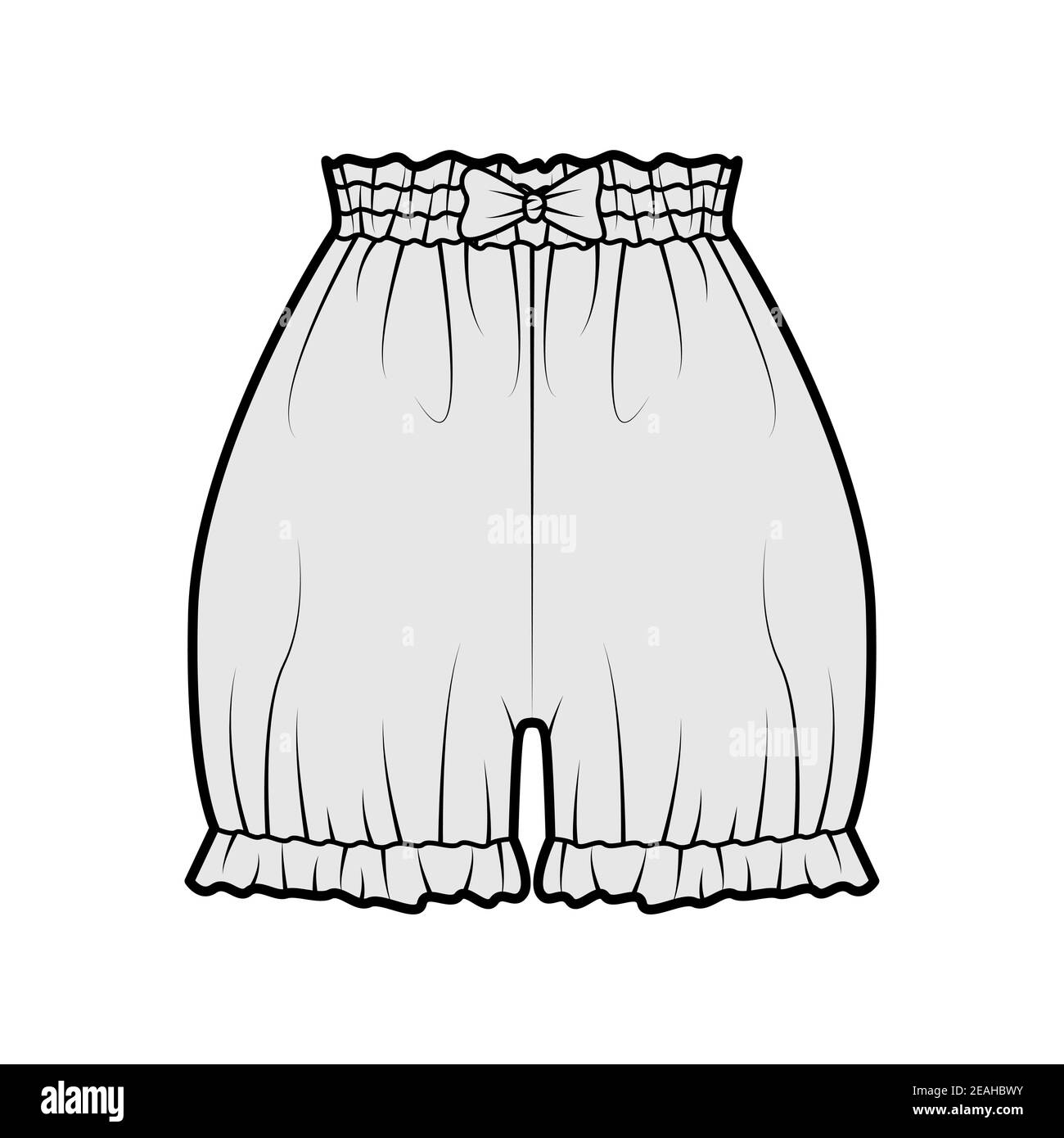 Short bloomers pantalon technique mode illustration avec noeud, mini longueur, taille normale, taille haute, froncé. Modèle de vêtement à fond plat sur le devant, de couleur grise. Femmes hommes unisexe CAD maquette Illustration de Vecteur