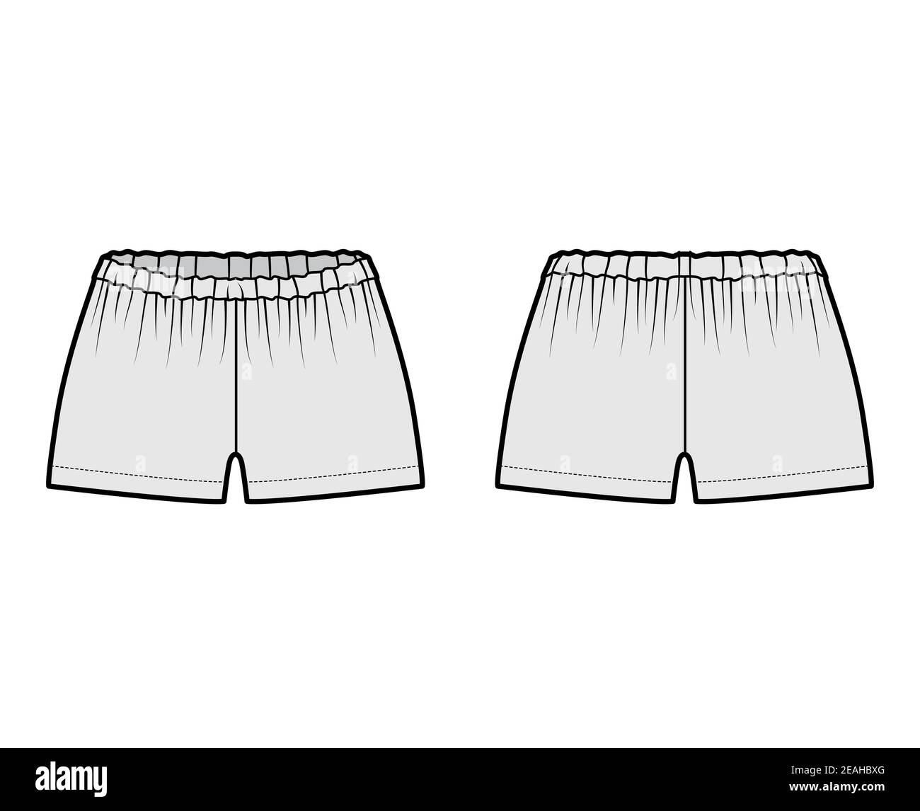 Short Tap pantalon technique mode illustration avec mini-longueur, taille basse, taille, fronces. Modèle de vêtement de nuit sans pinces à l'avant, à l'arrière, de couleur grise. Femmes hommes unisexe CAD maquette Illustration de Vecteur