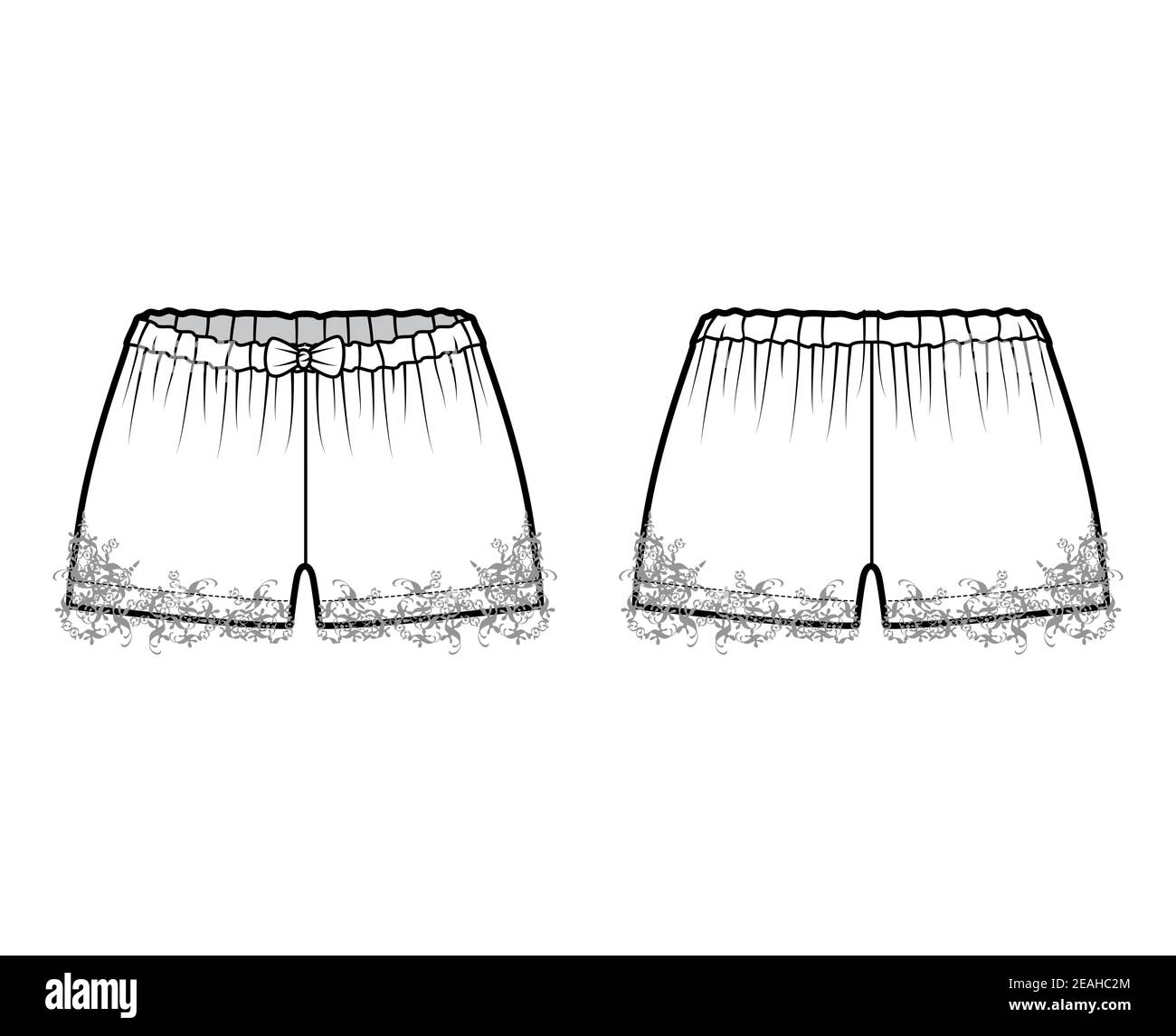 Pantalon à robinet court illustration technique de la mode avec noeud, dentelle, longueur mini, taille basse, taille haute. Modèle de vêtement de nuit plat pour le bas, à l'avant, à l'arrière, de couleur blanche. Femmes hommes unisexe CAD maquette Illustration de Vecteur