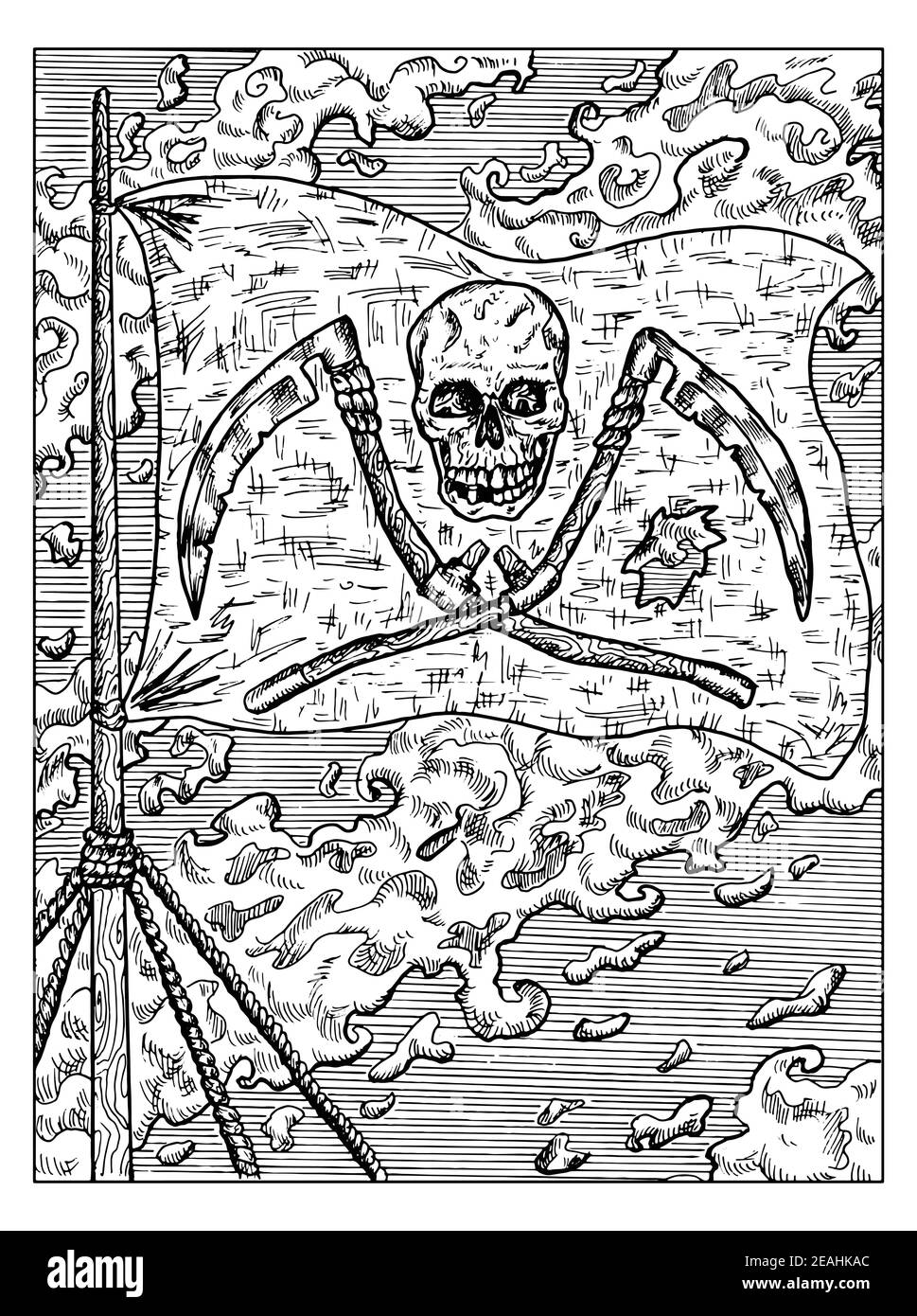 Illustration marine noire et blanche avec le drapeau de pirate Jolly Rodger avec crâne et scythe accroché au mât du navire. Dessins nautiques vectoriels, aventure Illustration de Vecteur