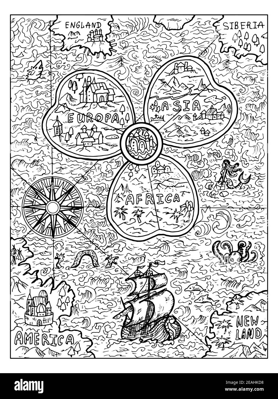 Illustration marine en noir et blanc de l'ancienne carte du monde avec rosier et voilier ou bateau. Dessins nautiques vectoriels, concept d'aventure, coloriage Illustration de Vecteur