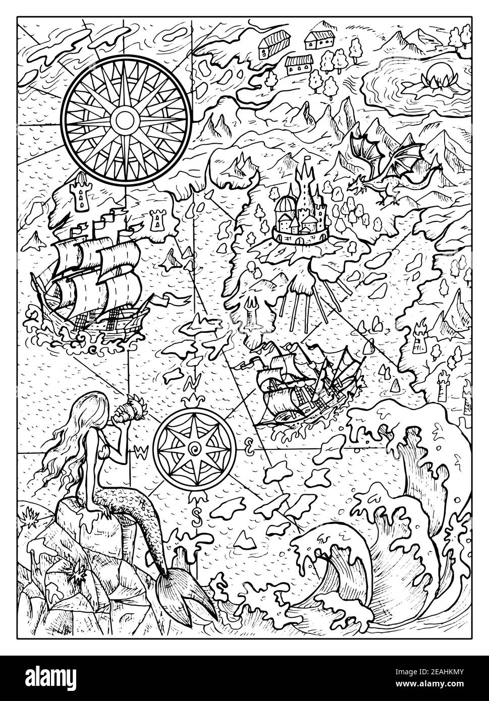 Illustration marine en noir et blanc de la carte avec sirène, islan, continent, navire, boussole et monstres marins. Dessins nautiques vectoriels, concep d'aventure Illustration de Vecteur