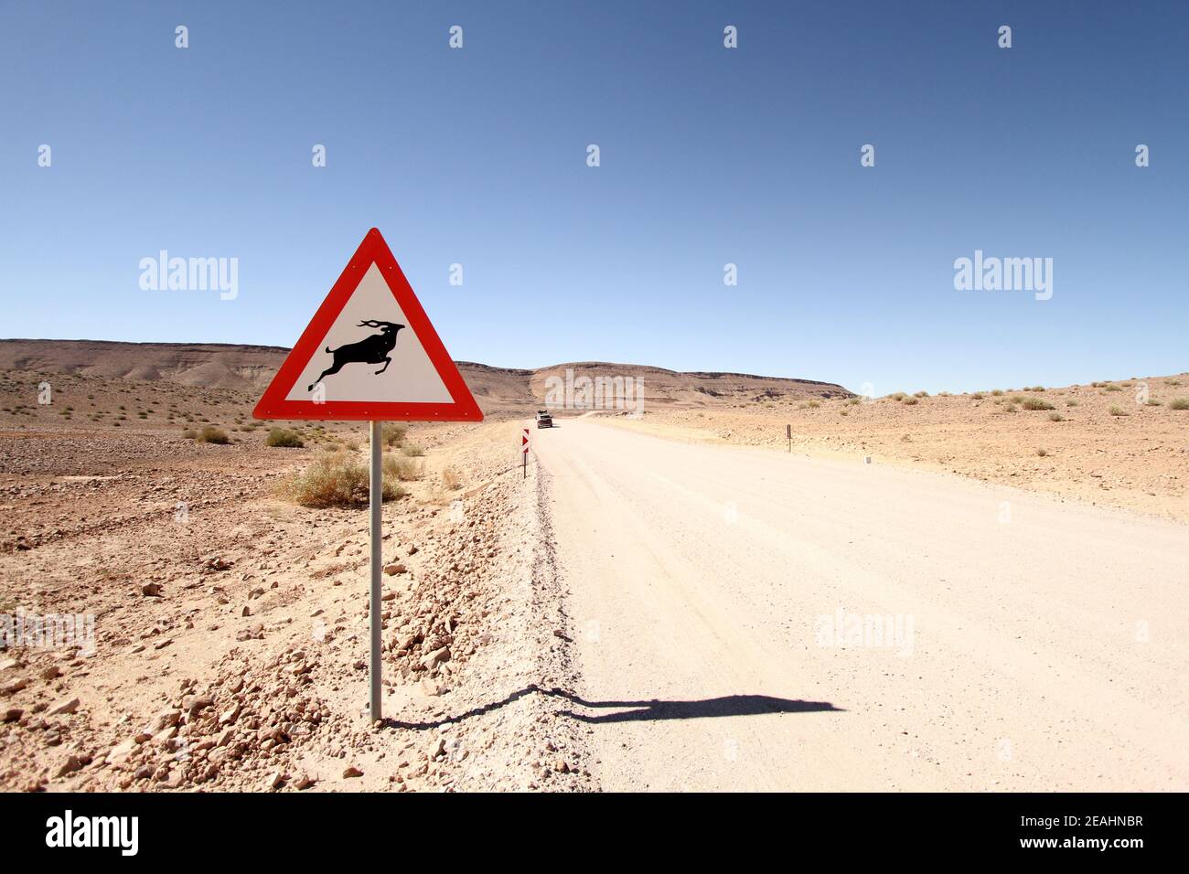 Un panneau de mise en garde antilope sur une route désertique poussiéreuse Banque D'Images