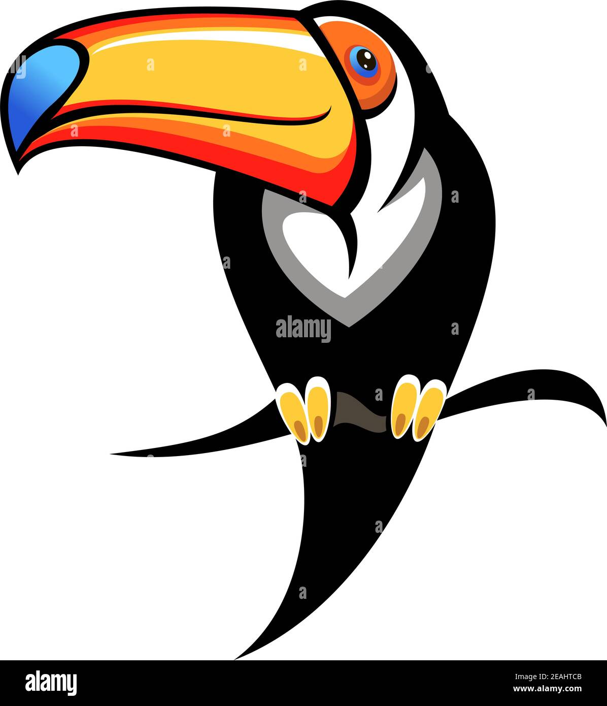 Illustration de dessin animé pour les enfants d'une toucan colorée avec une grosse facture orange et bleue perchée sur une branche, élément de design sur blanc Illustration de Vecteur