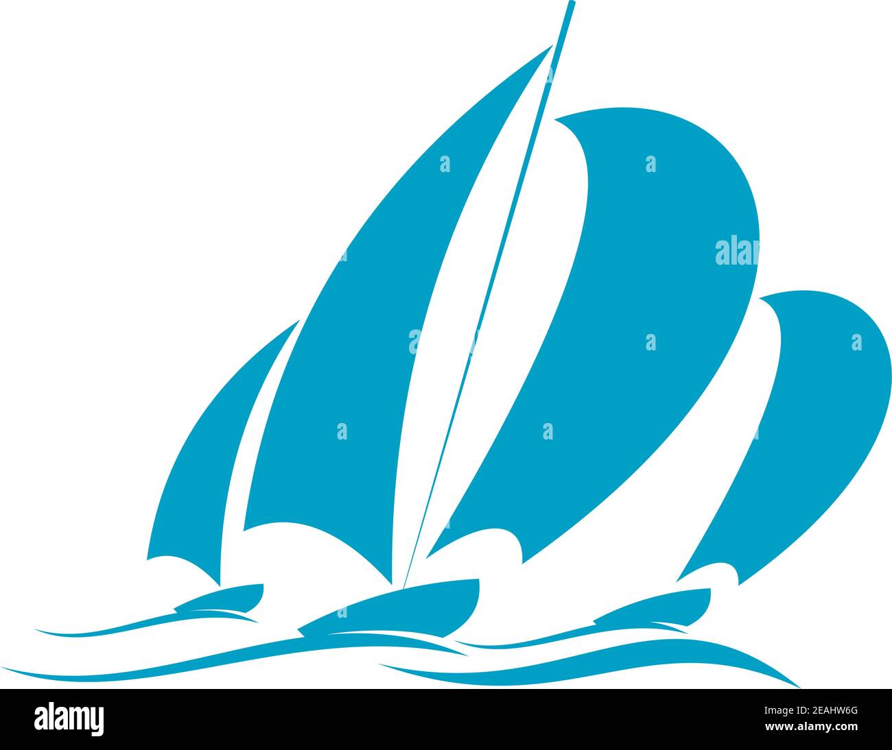 Dessin de Doodle de voile d'océan dans un yacht avec plusieurs voiles en bleu sur la surface de l'eau sur blanc Illustration de Vecteur