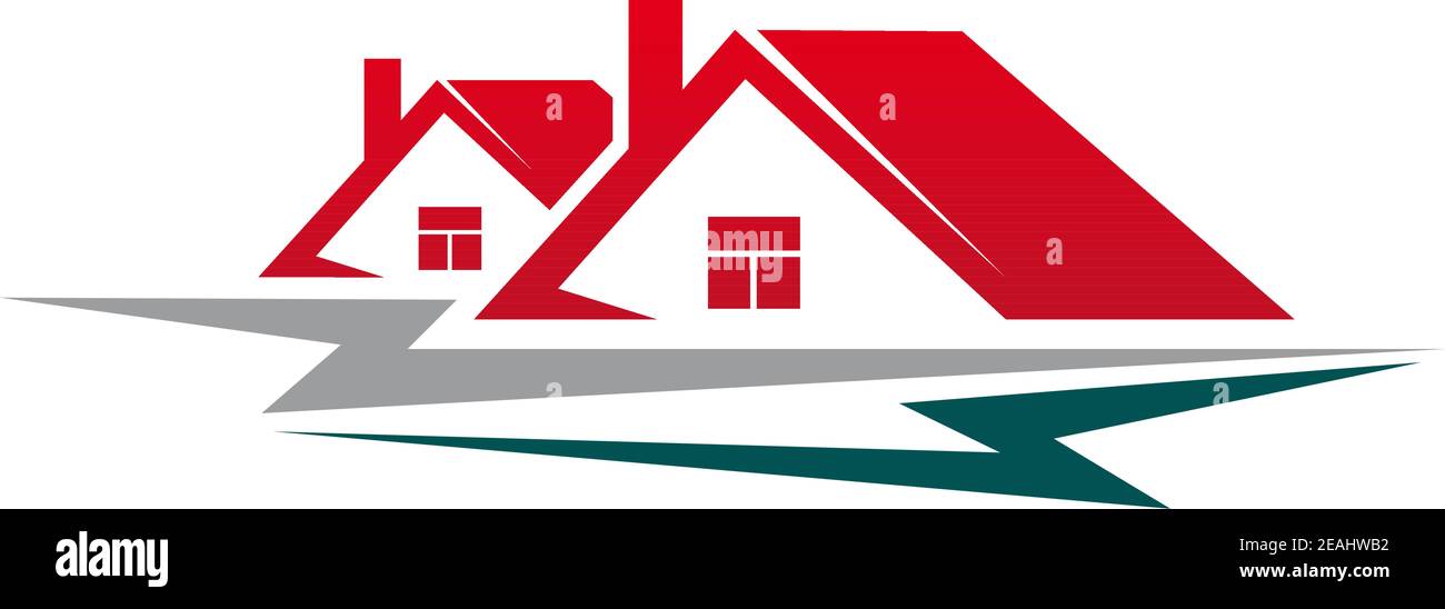 Illustration abstraite de deux maisons résidentielles avec cheminée rouge, toit et grenier, symbole de l'industrie immobilière, isolé sur fond blanc Illustration de Vecteur