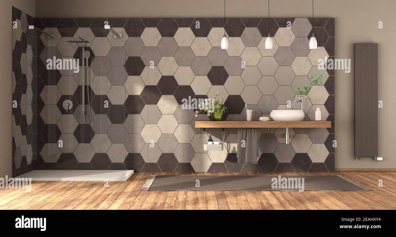 Salle de bains avec douche, lavabo et mur de carrelage hexagonal Photo  Stock - Alamy