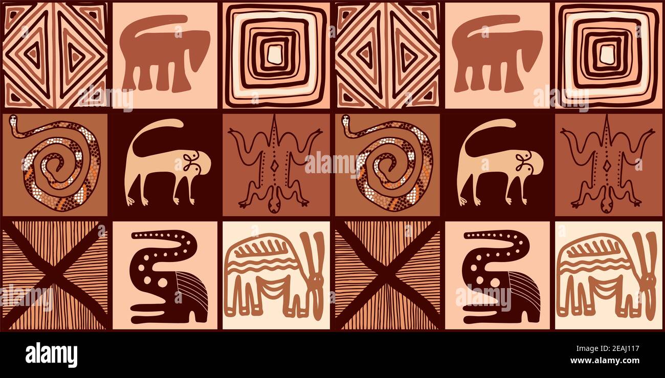 TENDANCE ETHNIQUE. PEINTURE DE STYLE AFRICAIN. MODÈLE AFRICAIN SANS COUTURE. MOTIF TRADITIONNEL. DESSINS À MAIN PRIMITIFS MINIMAUX. Illustration vectorielle. Mode Banque D'Images