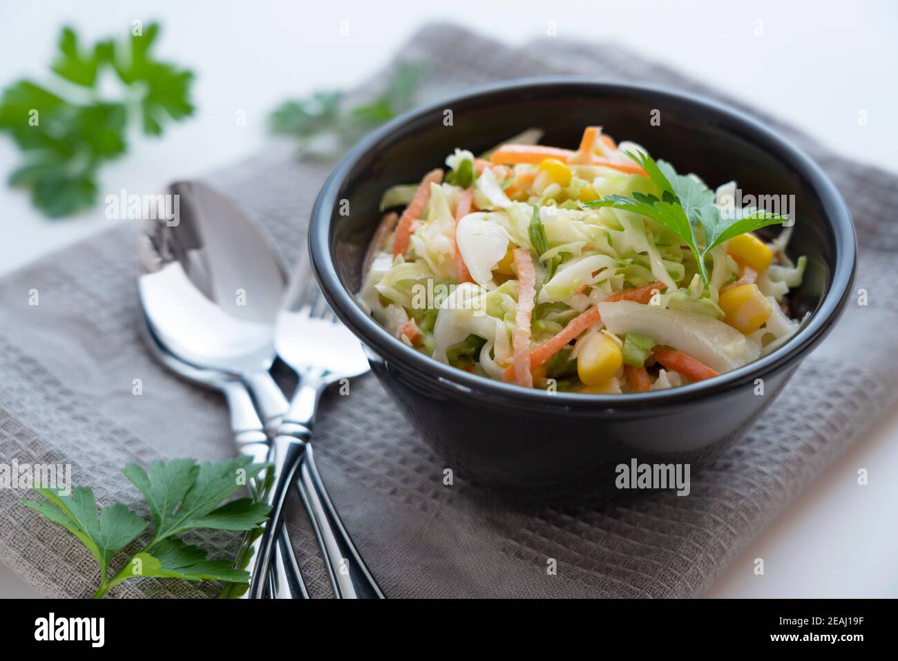 Coleslaw et Spoon et Fork. Persil italien. Banque D'Images