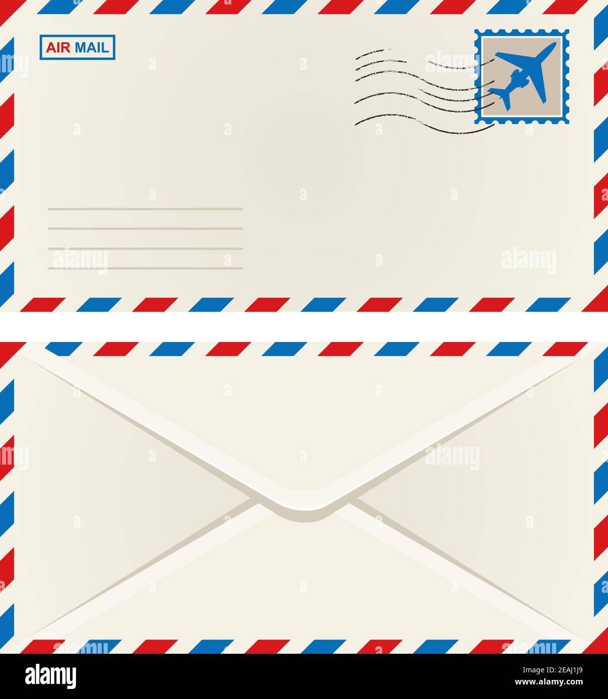 Recto et verso d'une enveloppe de courrier aérien non adressée avec un timbre-poste d'avion et l'annulation de l'affranchissement, illustration vectorielle isolée sur blanc Illustration de Vecteur