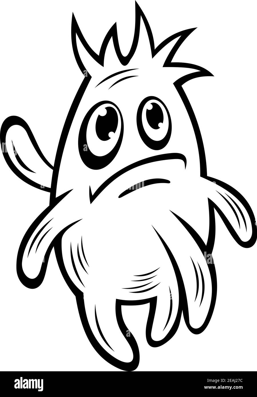 Mécontent petit monstre avec tentacules et une coiffure piquant mignon avec un look sombre, dessin animé noir et blanc Doodle vector Illustration de Vecteur