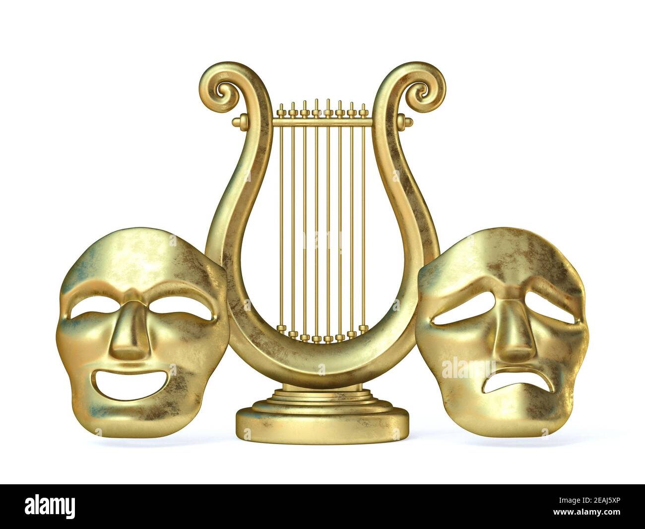 Golden lyre avec le masque heureux et triste 3D Banque D'Images