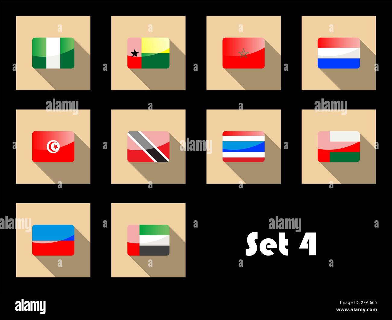 Drapeaux du Nigéria, de la Guinée-Bissau, du Maroc, de la Tunisie, de la Trinité, de la Thaïlande, des Émirats arabes Unis, d'Oman et des pays-Bas sur des icônes plates Illustration de Vecteur