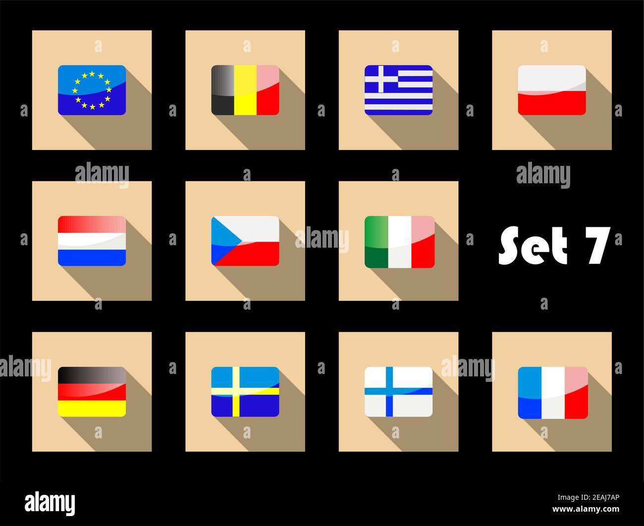 Drapeaux plats icônes des pays européens de Belgique, Grèce, Pologne, Hollande, Grèce, Italie, République Tchèque, Allemagne, Suède, Finlande, France Illustration de Vecteur