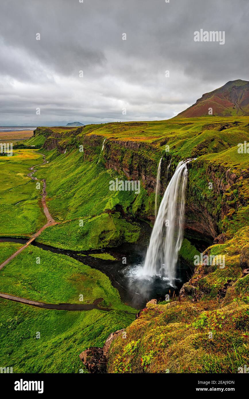 Chute d'eau de Seljalandsfoss en un jour nuageux, Islande Banque D'Images