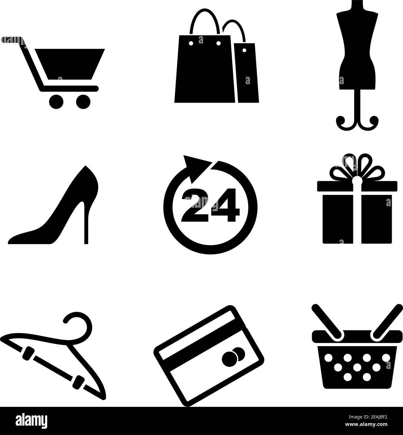 Icônes de vente au détail et de shopping représentant un panier, des sacs, un mannequin de tailleurs, une chaussure à talons, la taille de la robe, un cadeau, un cintre, une carte de crédit et un sac à provisions Illustration de Vecteur