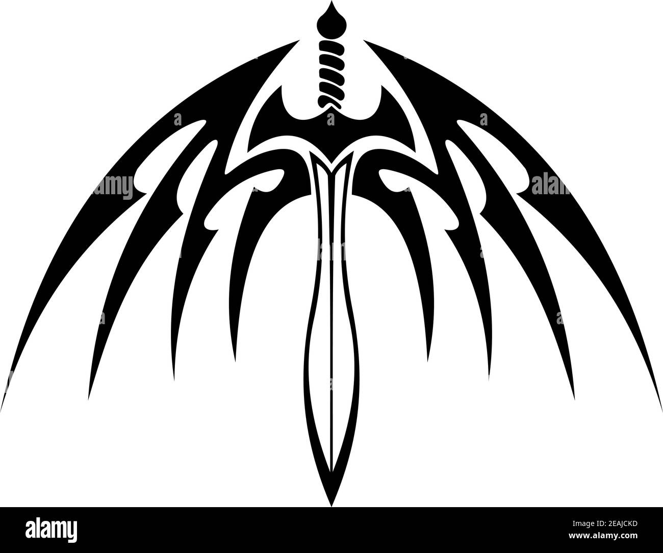 Épée ailée avec des ailes écartées et des plumes barbelées aiguisées pour motif tatouage tribal Illustration de Vecteur