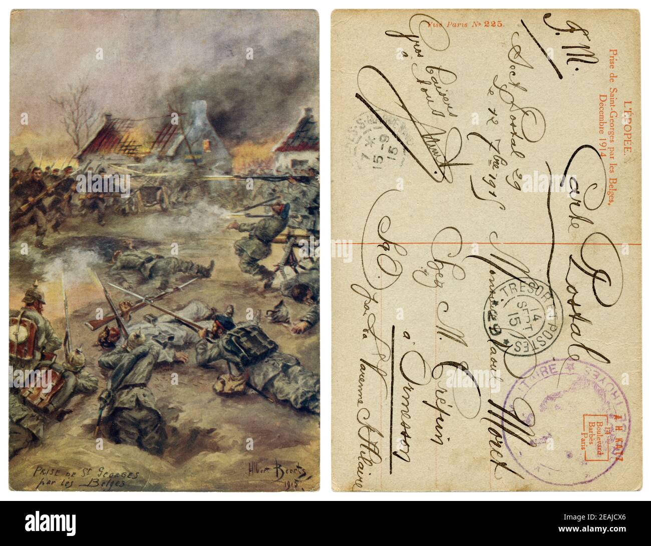 Carte postale historique français : Capture de Saint-Georges par les Belges. L'assaut de la ville par l'infanterie. Les troupes allemandes dans la défense. La première guerre mondiale Banque D'Images